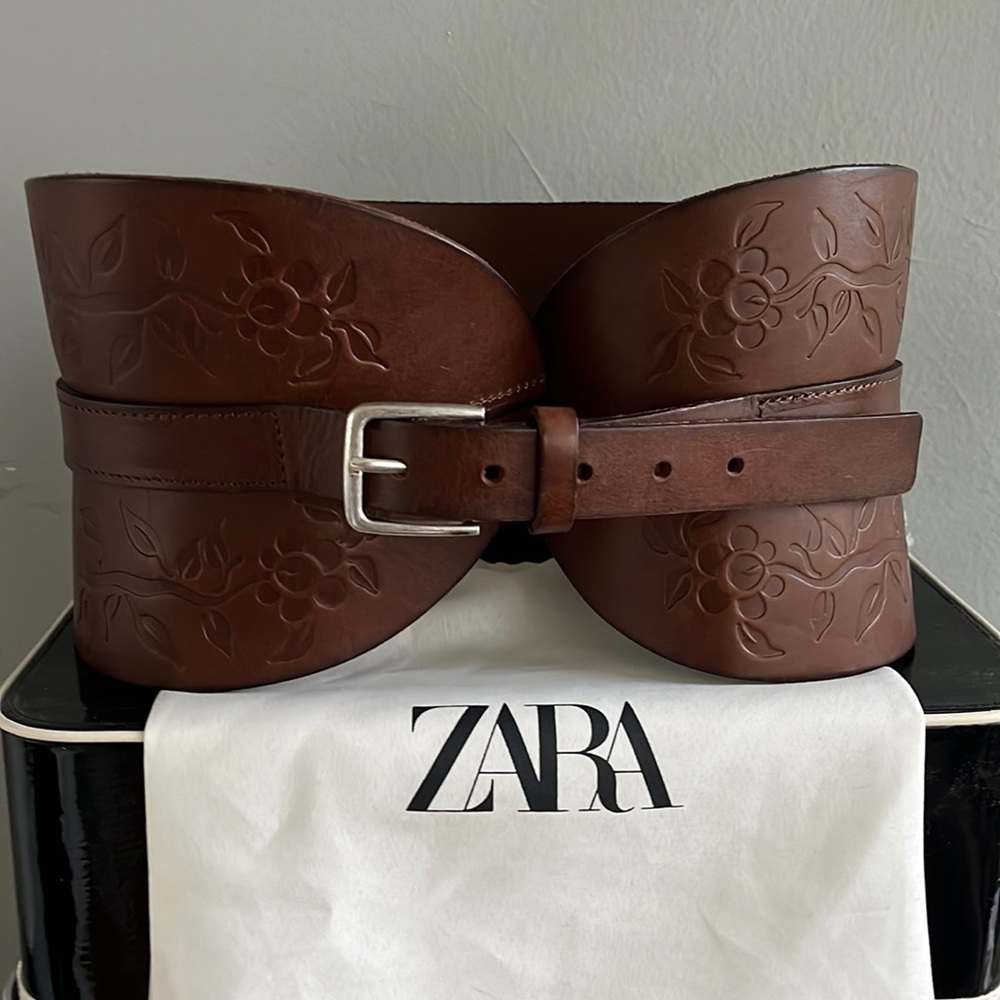 ZARA Embossed Leather Sash Belt with Floral Details